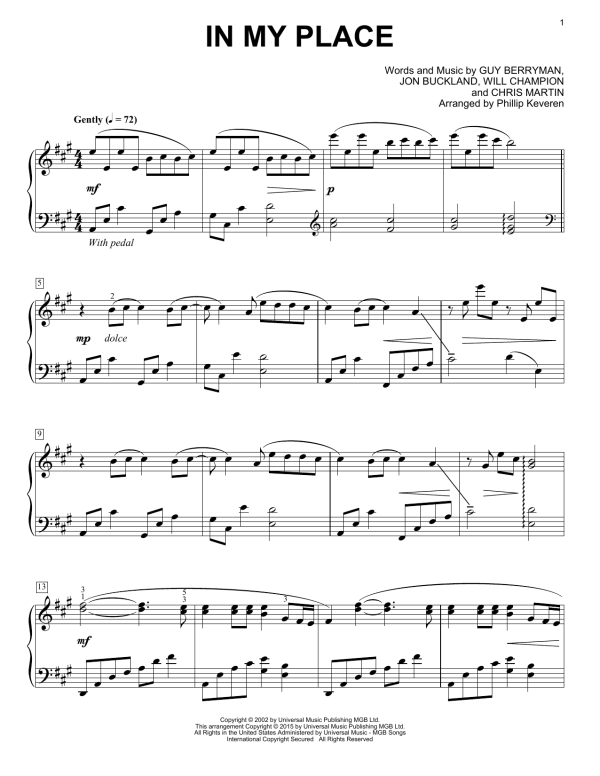 Coldplay In My Place [Classical version] (arr. Phillip Keveren) Musik Noten - Piano Solo - 161664-0