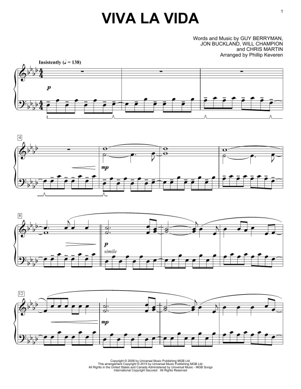 Coldplay Viva La Vida [Classical version] (arr. Phillip Keveren) Musik Noten - Piano Solo - 161665-0