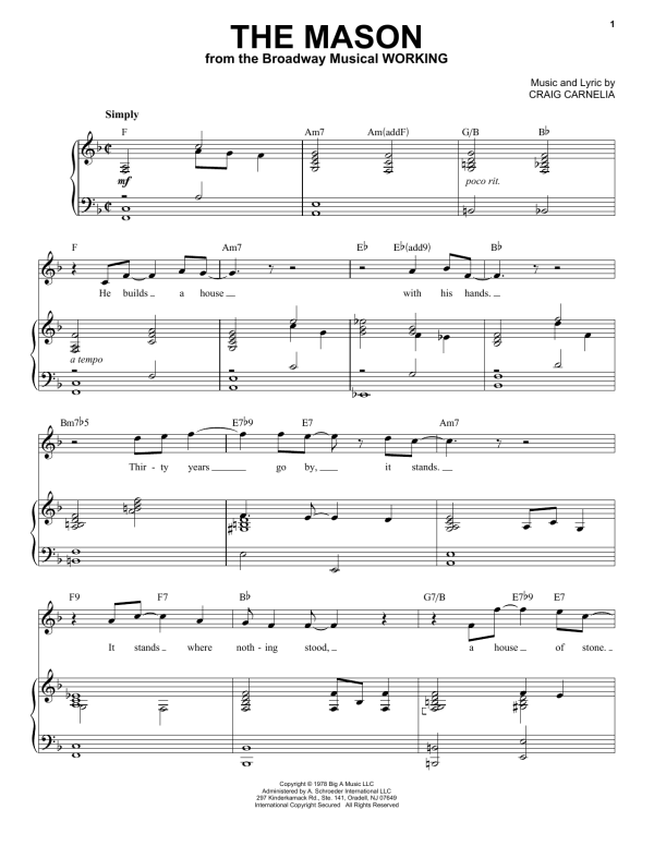 Craig Carnelia The Mason Musik Noten - Piano & Vocal - 80621-0