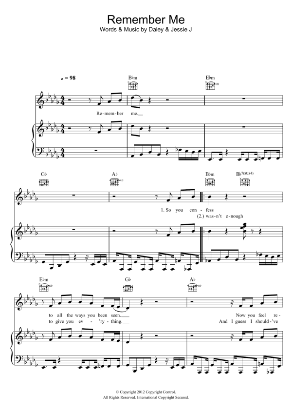 Daley Remember Me (featuring Jessie J) Musik Noten - Piano, Vocal & Guitar Chords - 115470-0