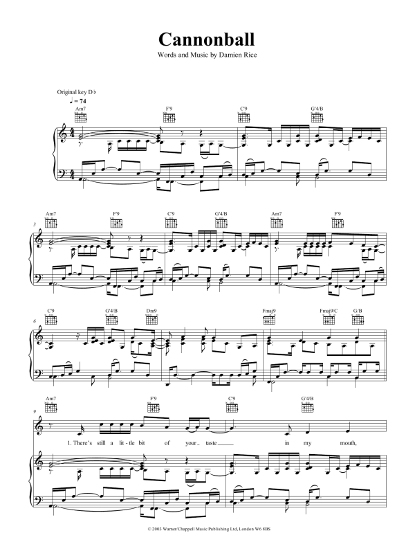 Damien Rice Cannonball Musik Noten - Guitar Chords/Lyrics - 40499-0