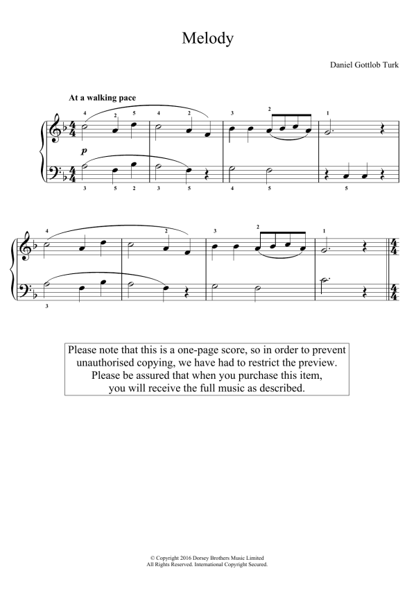 Daniel Gottlob Türk Melody Musik Noten - Easy Piano - 123664-0