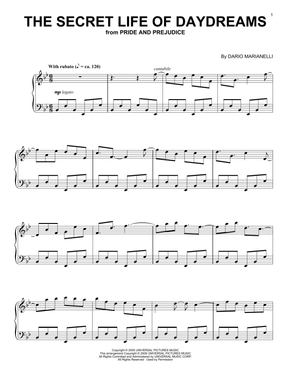 Dario Marianelli The Secret Life Of Daydreams (from Pride And Prejudice) Musik Noten - Piano Solo - 54385-0