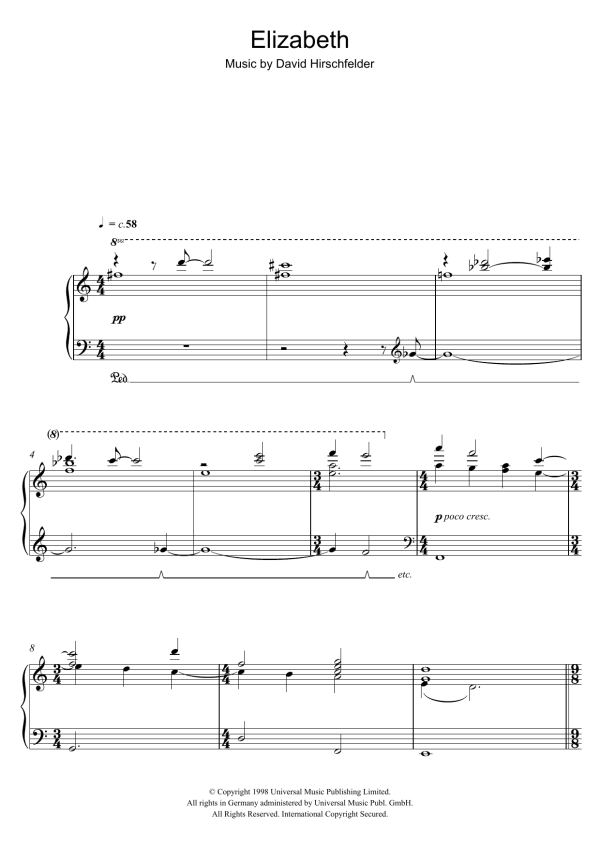 David Hirschfelder Elizabeth (Love Theme) Musik Noten - Piano Solo - 105357-0