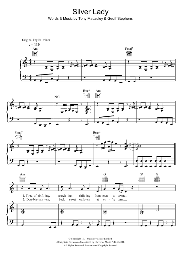 David Soul Silver Lady Musik Noten - Piano, Vocal & Guitar Chords - 107644-0