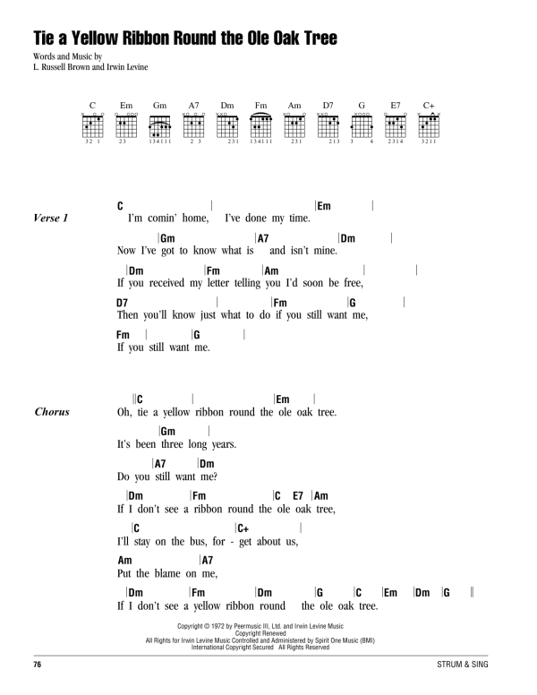 Dawn featuring Tony Orlando Tie A Yellow Ribbon Round The Ole Oak Tree Musik Noten - Guitar Chords/Lyrics - 163873-0