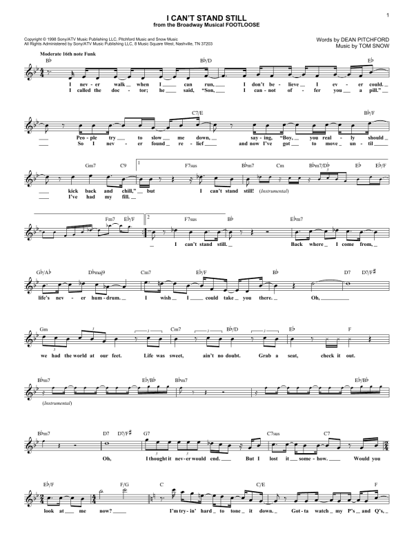 Dean Pitchford I Can't Stand Still Musik Noten - Piano, Vocal & Guitar Chords - 86377-0