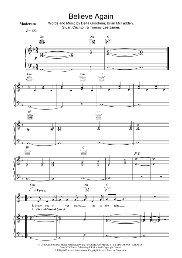 Delta Goodrem Believe Again Musik Noten - Piano, Vocal & Guitar Chords - 39920-0