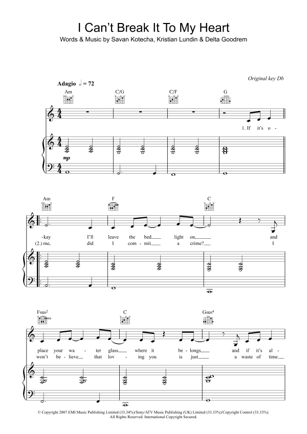 Delta Goodrem I Can't Break It To My Heart Musik Noten - Piano, Vocal & Guitar Chords - 40696-0