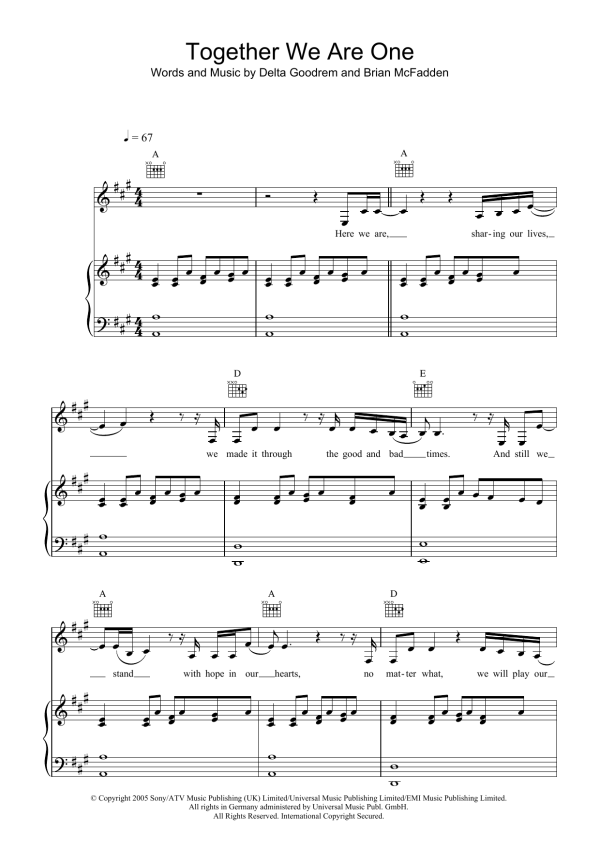 Delta Goodrem Together We Are One Musik Noten - Piano, Vocal & Guitar Chords - 34141-0