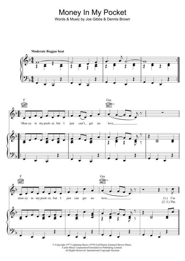 Dennis Brown Money In My Pocket Musik Noten - Piano, Vocal & Guitar Chords - 119313-0