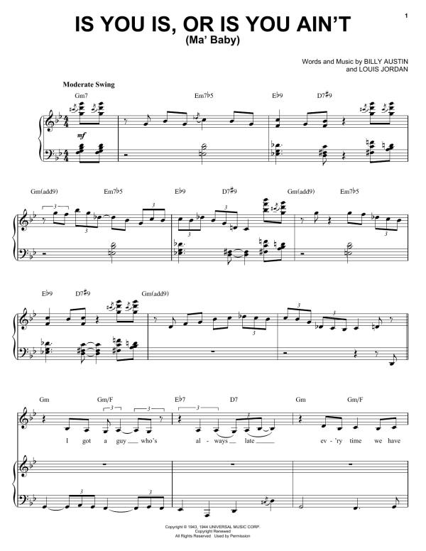 Diana Krall Is You Is, Or Is You Ain't (Ma' Baby) Musik Noten - Piano, Vocal & Guitar Chords - 53181-0