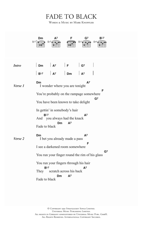 Dire Straits Fade To Black Musik Noten - Guitar Chords/Lyrics - 123321-0