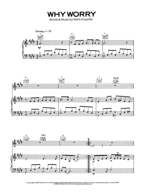 Dire Straits Why Worry Musik Noten - Piano, Vocal & Guitar Chords - 120428-0