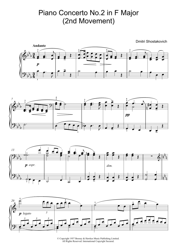 Dmitri Shostakovich Piano Concerto No. 2 in F Major (2nd Movement) Musik Noten - Piano Solo - 46605-0