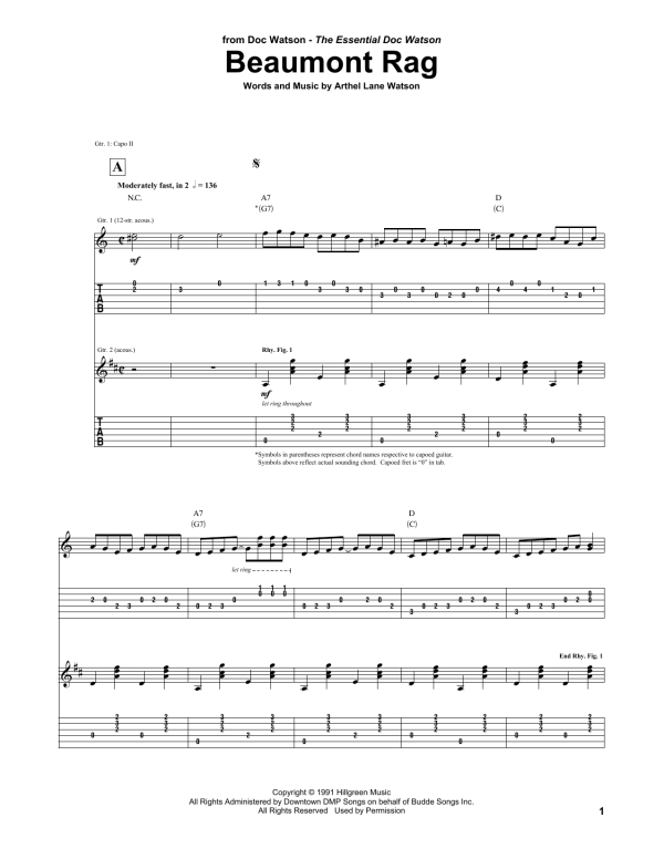 Doc Watson Beaumont Rag Musik Noten - Guitar Tab - 165142-0
