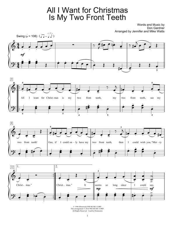 Don Gardner All I Want For Christmas Is My Two Front Teeth (arr. Jennifer & Mike Watts) Musik Noten - Educational Piano - 156066-0