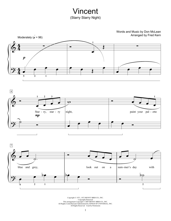 Don McLean Vincent (Starry Starry Night) (arr. Fred Kern) Musik Noten - Educational Piano - 175005-0