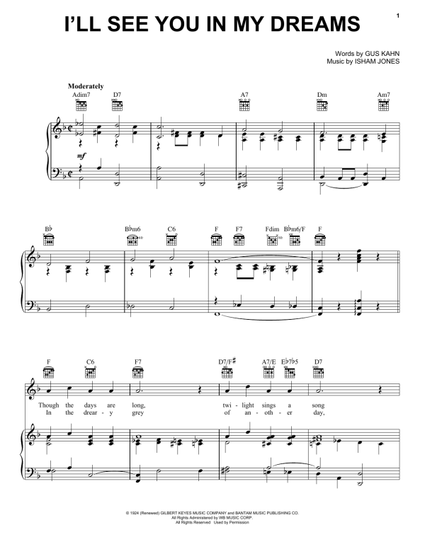 Doris Day I'll See You In My Dreams Musik Noten - Piano, Vocal & Guitar Chords - 163972-0