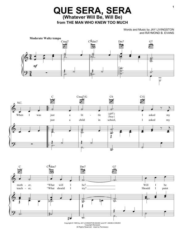 Doris Day Que Sera, Sera (Whatever Will Be, Will Be) Musik Noten - Piano, Vocal & Guitar Chords - 25321-0