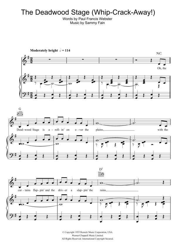 Doris Day The Deadwood Stage (Whip-Crack-Away) Musik Noten - Piano, Vocal & Guitar Chords - 48009-0