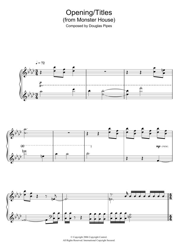 Douglas Pipes Monster House (Opening/Titles) Musik Noten - Piano Solo - 107124-0