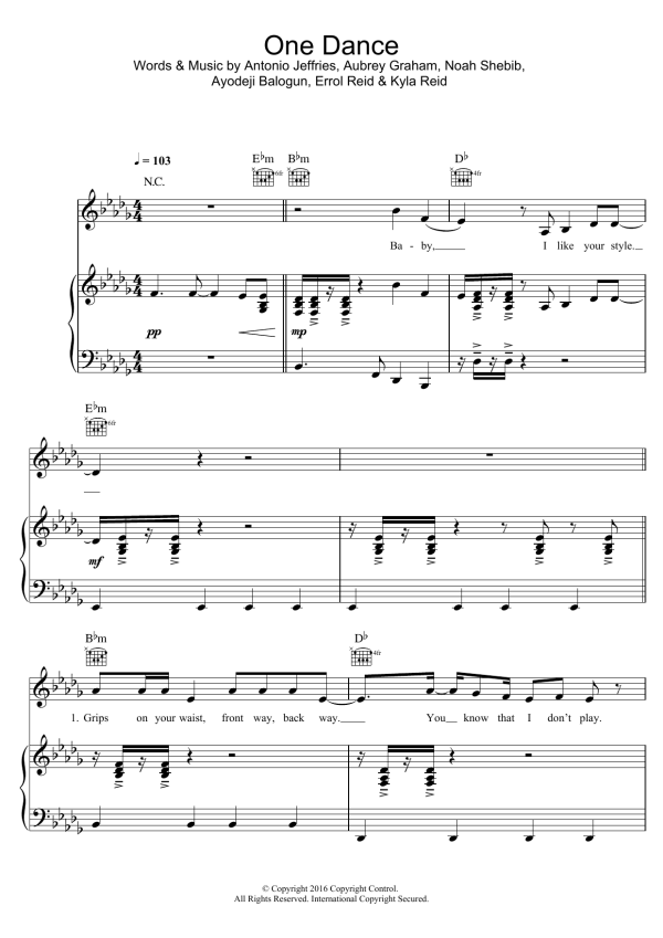 Drake One Dance (featuring Wizkid and Kyla) Musik Noten - Easy Piano - 123827-0