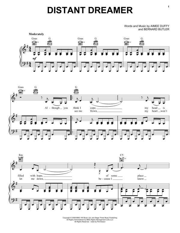 Duffy Distant Dreamer Musik Noten - Piano, Vocal & Guitar Chords - 156880-0