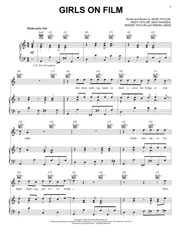 Duran Duran Girls On Film Musik Noten - Piano, Vocal & Guitar Chords - 165019-0