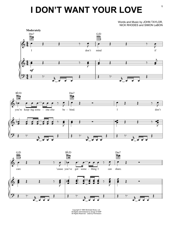 Duran Duran I Don't Want Your Love Musik Noten - Piano, Vocal & Guitar Chords - 165020-0