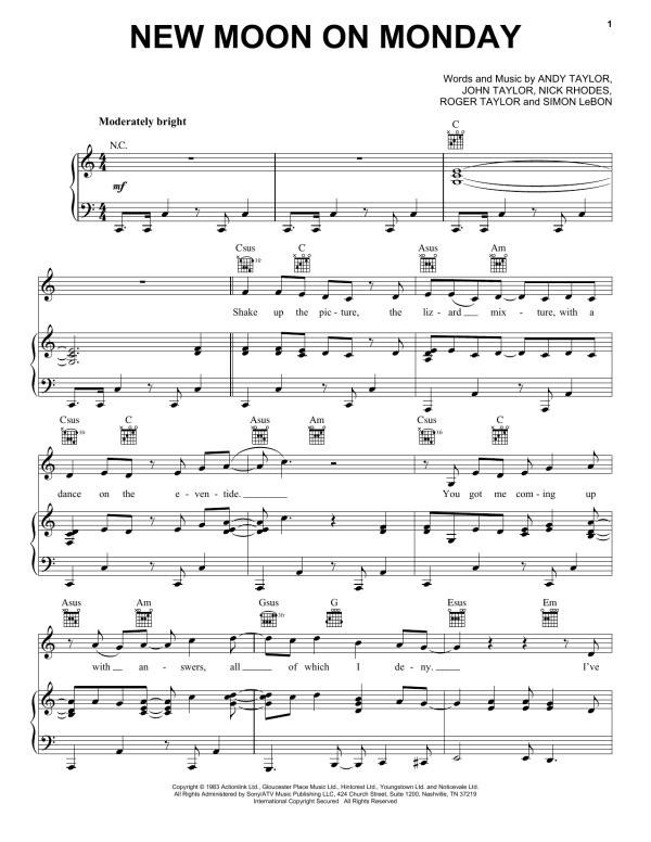 Duran Duran New Moon On Monday Musik Noten - Piano, Vocal & Guitar Chords - 165022-0
