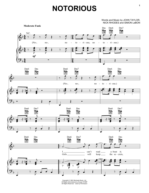 Duran Duran Notorious Musik Noten - Piano, Vocal & Guitar Chords - 165028-0