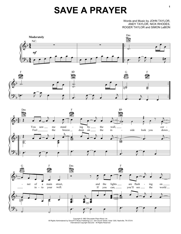 Duran Duran Save A Prayer Musik Noten - Piano, Vocal & Guitar Chords - 165017-0