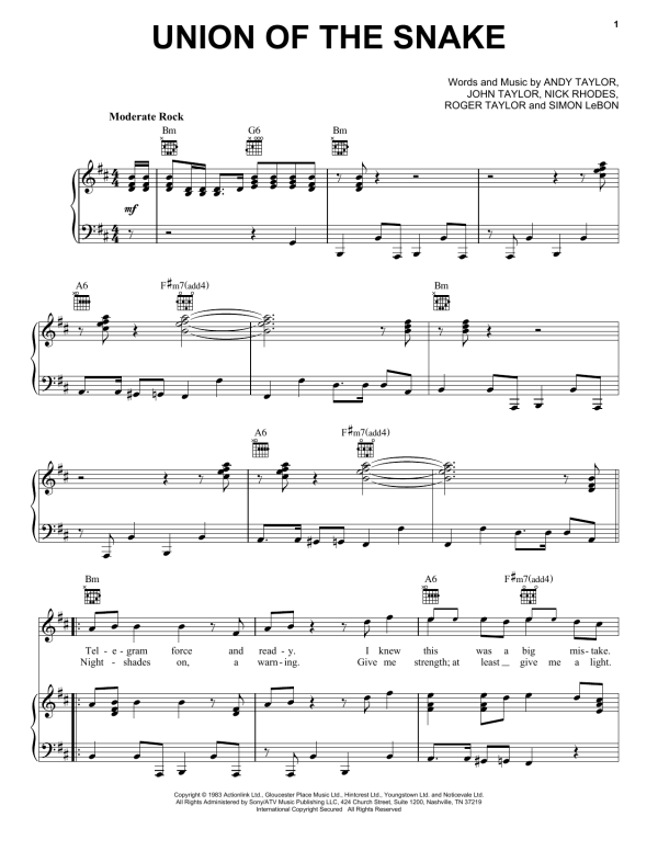 Duran Duran Union Of The Snake Musik Noten - Piano, Vocal & Guitar Chords - 165021-0