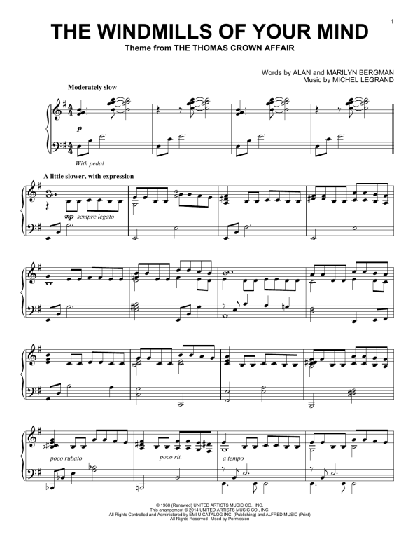 Dusty Springfield The Windmills Of Your Mind Musik Noten - Piano Solo - 153935-0