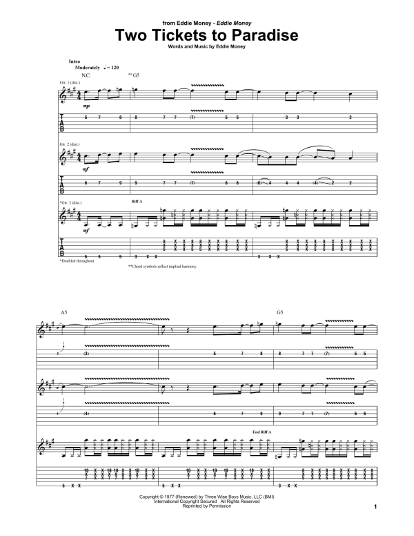 Eddie Money Two Tickets To Paradise Musik Noten - Guitar Tab - 74333-0