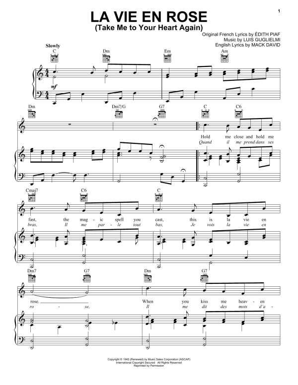 Edith Piaf La Vie En Rose (Take Me To Your Heart Again) Musik Noten - Piano, Vocal & Guitar Chords - 70427-0