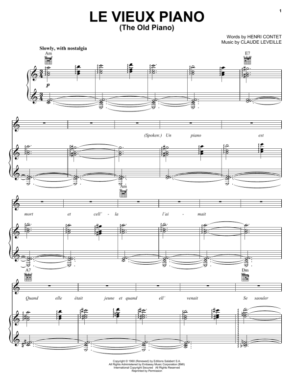 Edith Piaf Le Vieux Piano (The Old Piano) Musik Noten - Piano, Vocal & Guitar Chords - 156438-0