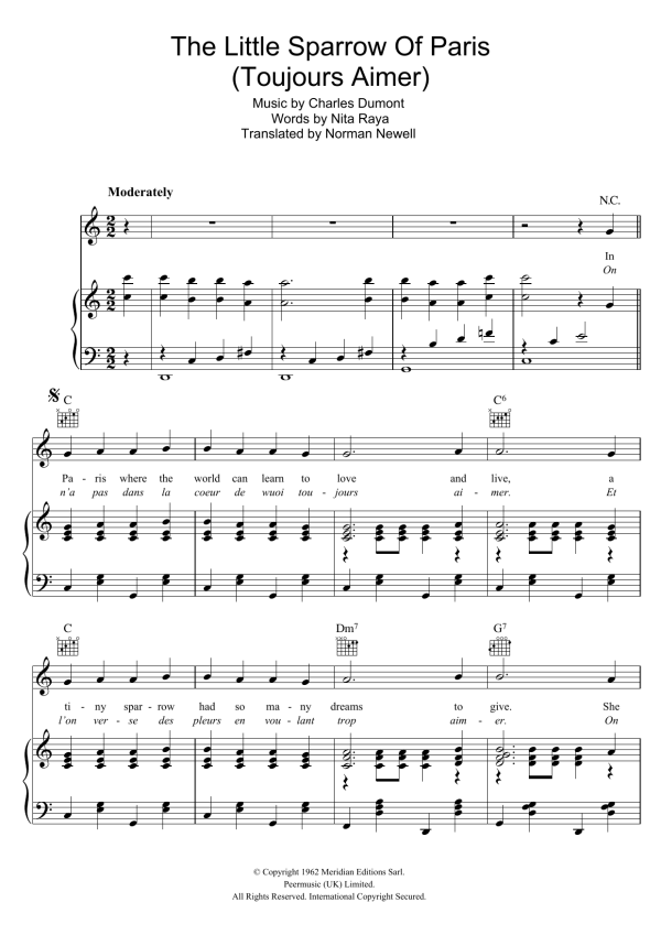 Edith Piaf The Little Sparrow Of Paris (Toujours Aimer) Musik Noten - Piano, Vocal & Guitar Chords - 45589-0
