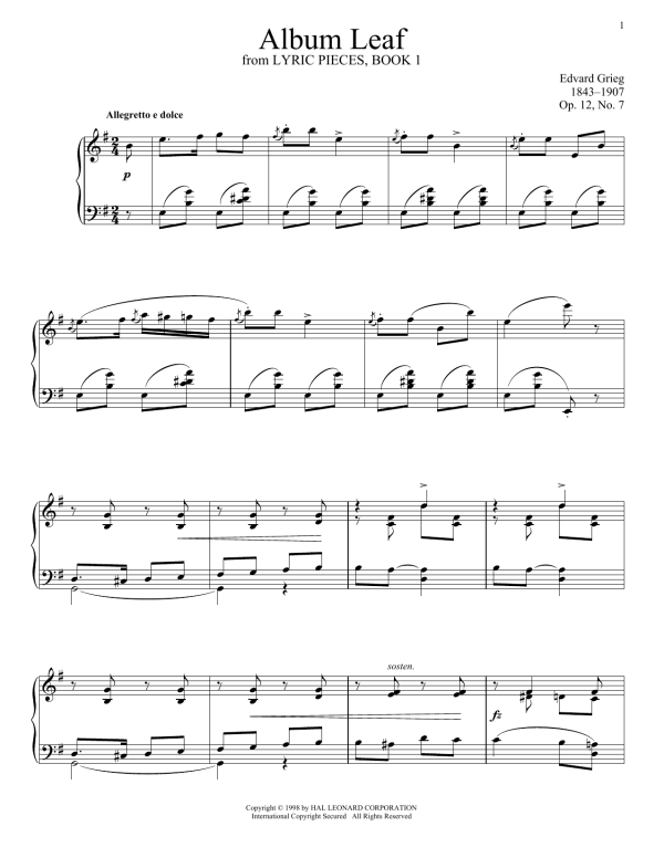 Edvard Grieg Album Leaf, Op. 12, No. 7 Musik Noten - Piano Solo - 165370-0