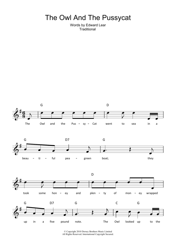 Edward Lear The Owl And The Pussycat Musik Noten - Lead Sheet / Fake Book - 102488-0