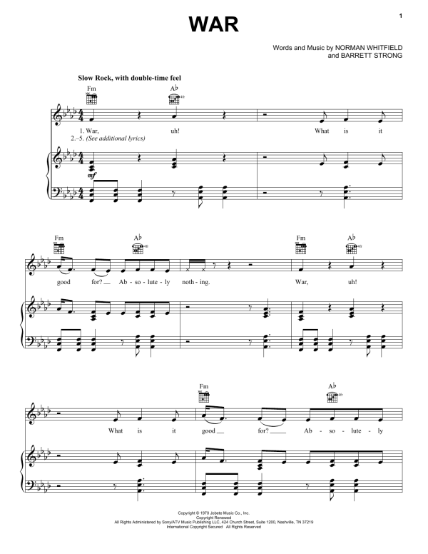 Edwin Starr War Musik Noten - Piano, Vocal & Guitar Chords - 69944-0