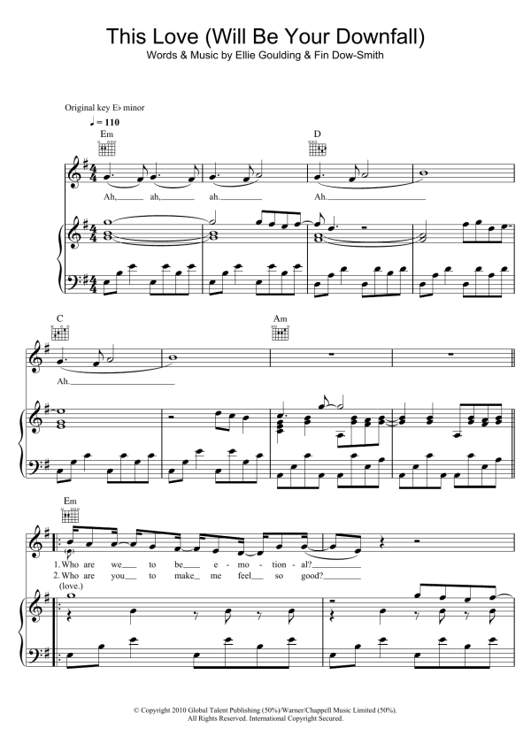 Ellie Goulding This Love (Will Be Your Downfall) Musik Noten - Piano, Vocal & Guitar Chords - 101231-0