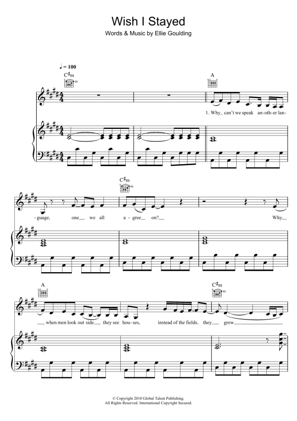 Ellie Goulding Wish I Stayed Musik Noten - Piano, Vocal & Guitar Chords - 101233-0