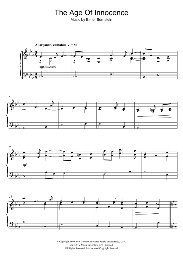 Elmer Bernstein Age Of Innocence (End Credits) Musik Noten - Piano Solo - 105356-0