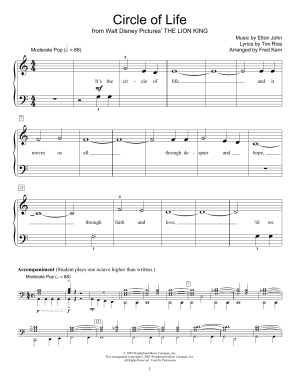 Elton John Circle Of Life (from The Lion King) (arr. Fred Kern) Musik Noten - Educational Piano - 175003-0