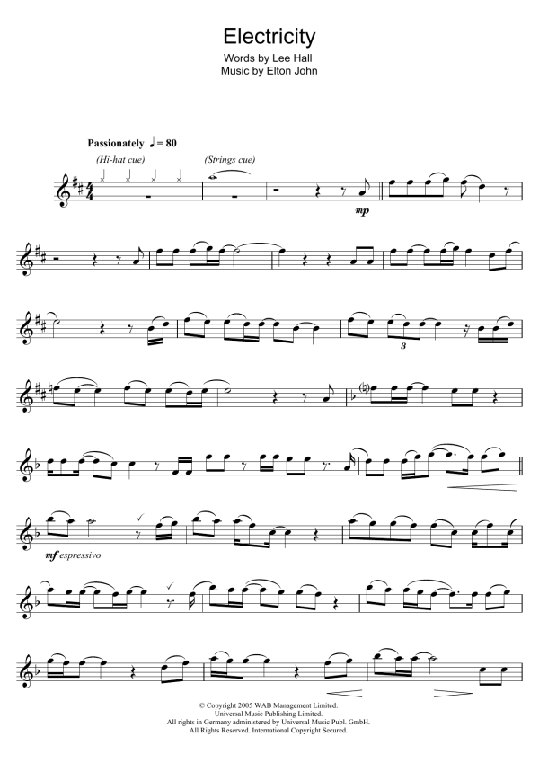 Elton John Electricity (from Billy Elliot: The Musical) Musik Noten - Flute Solo - 48335-0