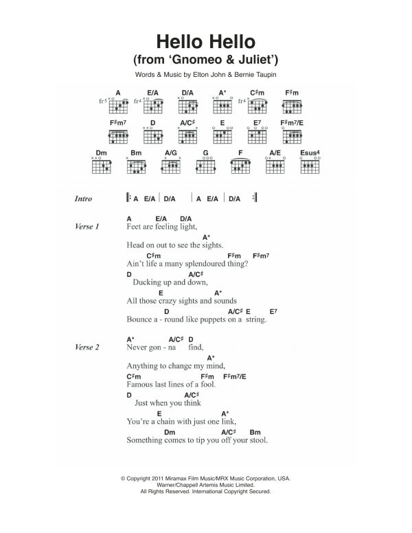 Elton John Hello Hello (From 'Gnomeo and Juliet') Musik Noten - Guitar Chords/Lyrics - 111597-0