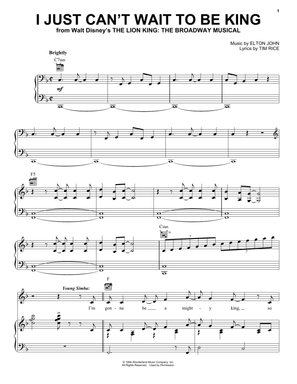 Elton John I Just Can't Wait To Be King (from The Lion King: Broadway Musical) Musik Noten - Piano, Vocal & Guitar Chords - 16538-0