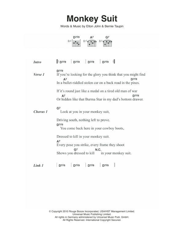 Elton John Monkey Suit Musik Noten - Guitar Chords/Lyrics - 111653-0